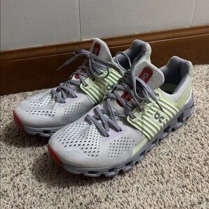 On Running Sneakers with Gray and Red Highlights